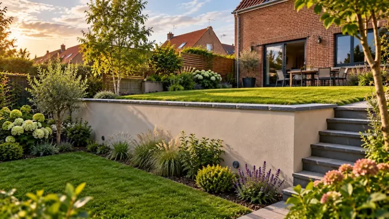 Mur de soutènement enduit séparant deux niveaux de jardin derrière une maison en brique, avec chaperon en pierre bleue et barbacanes en pied