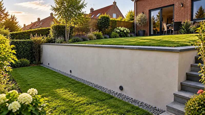 Mur de soutènement en limite de propriété entre deux jardins, barbacanes côté voisin