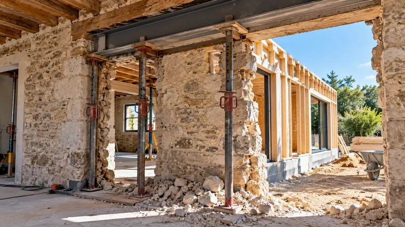 Extension sur une maison en pierre : ce que le vieux mur exige du neuf 3 Chantier d'ouverture d'un mur porteur en pierre avec poutres métalliques et étais de soutènement, donnant sur une extension en ossature bois en construction.