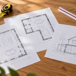 Trois plans d'extension de maison disposés sur une table d'architecte avec un mètre ruban, un scalimètre et un crayon.