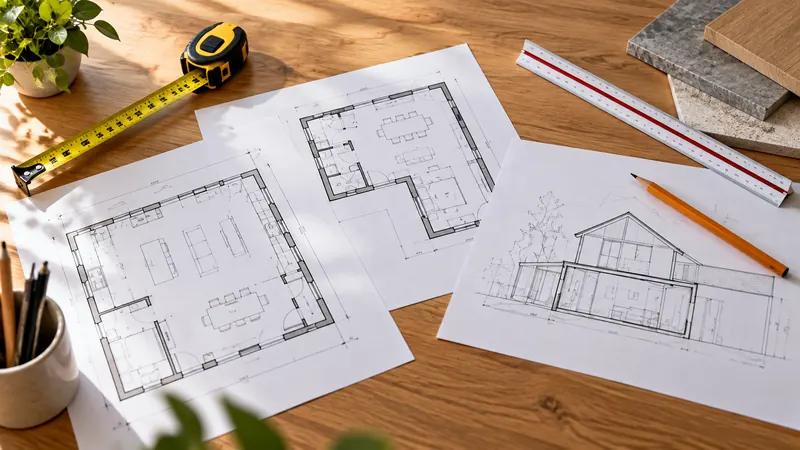 Plan d'une extension de 40 m² : dessiner à partir des murs pour garder la main sur l'autorisation et le budget 2 Trois plans d'extension de maison disposés sur une table d'architecte avec un mètre ruban, un scalimètre et un crayon.