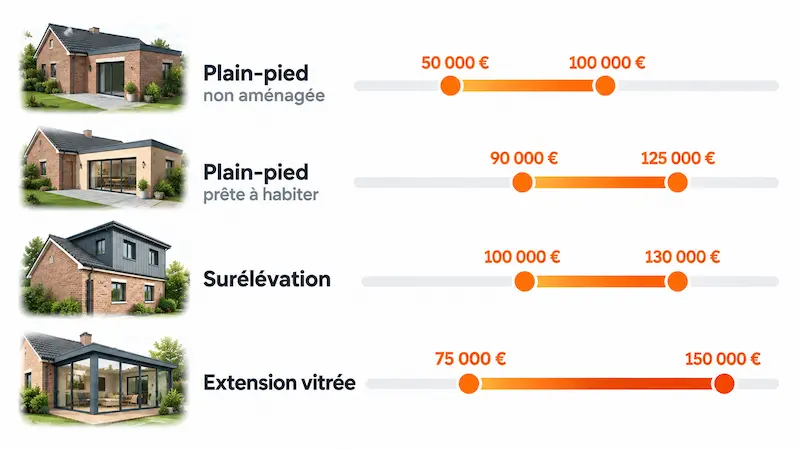 Extension de maison de 50 m² : ce que coûte vraiment chaque poste, de la dalle à la taxe 1 Infographie comparant le prix d'une extension de maison de 50 m² : plain-pied non aménagée, prête à habiter, surélévation et extension vitrée, avec des budgets de 50 000 à 150 000 €.