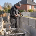 Maçon mesurant un mur en parpaing en cours de montage pour en estimer le prix au m²