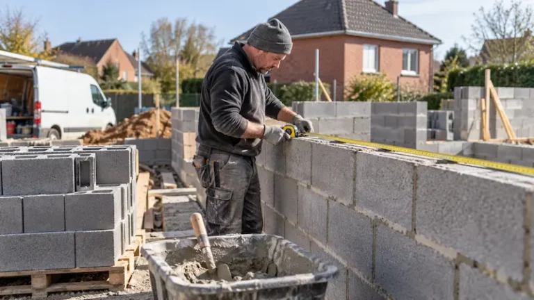Maçon mesurant un mur en parpaing en cours de montage pour en estimer le prix au m²