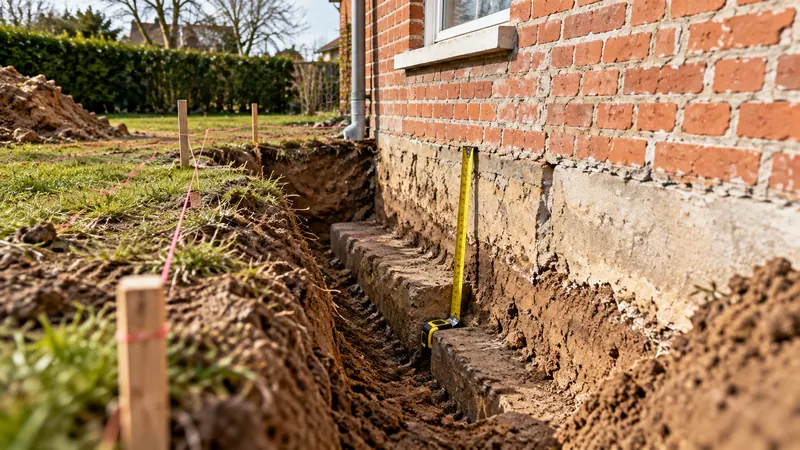 Tranchée de sondage révélant les fondations d’une maison ancienne en brique avant la construction d’une extension.