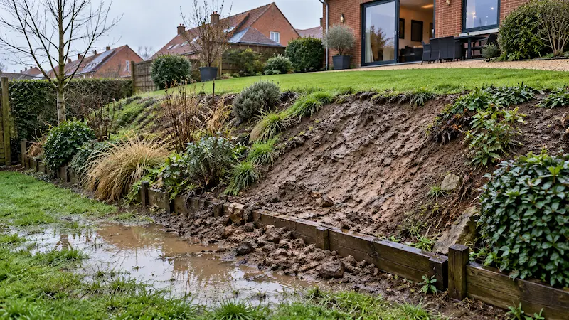 Talus de jardin détrempé qui glisse en pied, avant la construction d’un mur de soutènement